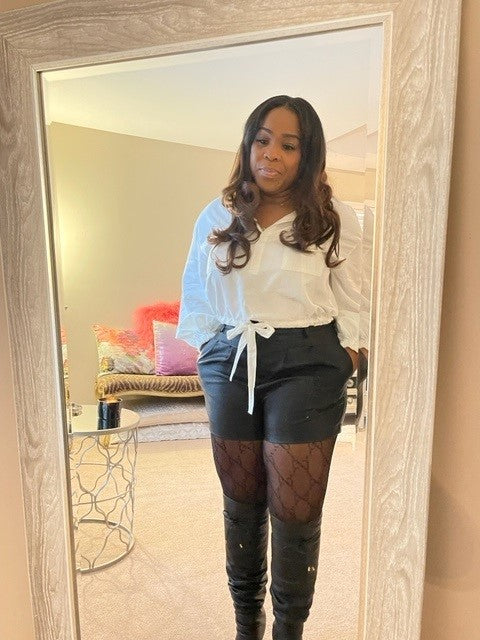 Shorts with fishnets and thigh sales high boots